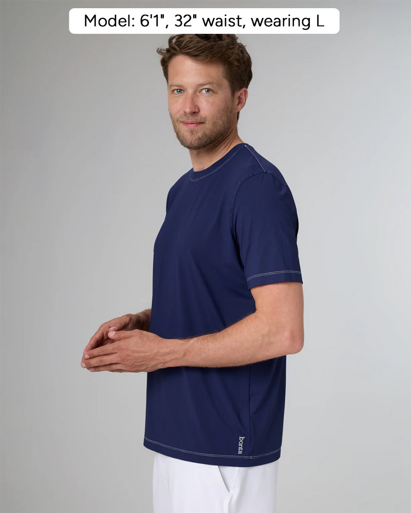 SORRENTO in color mare-blu, side view, Model: 6'1", 32" waist, wearing L