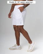 TERRAMARE in color White, side view, Model: 6', 30" waist, wearing L