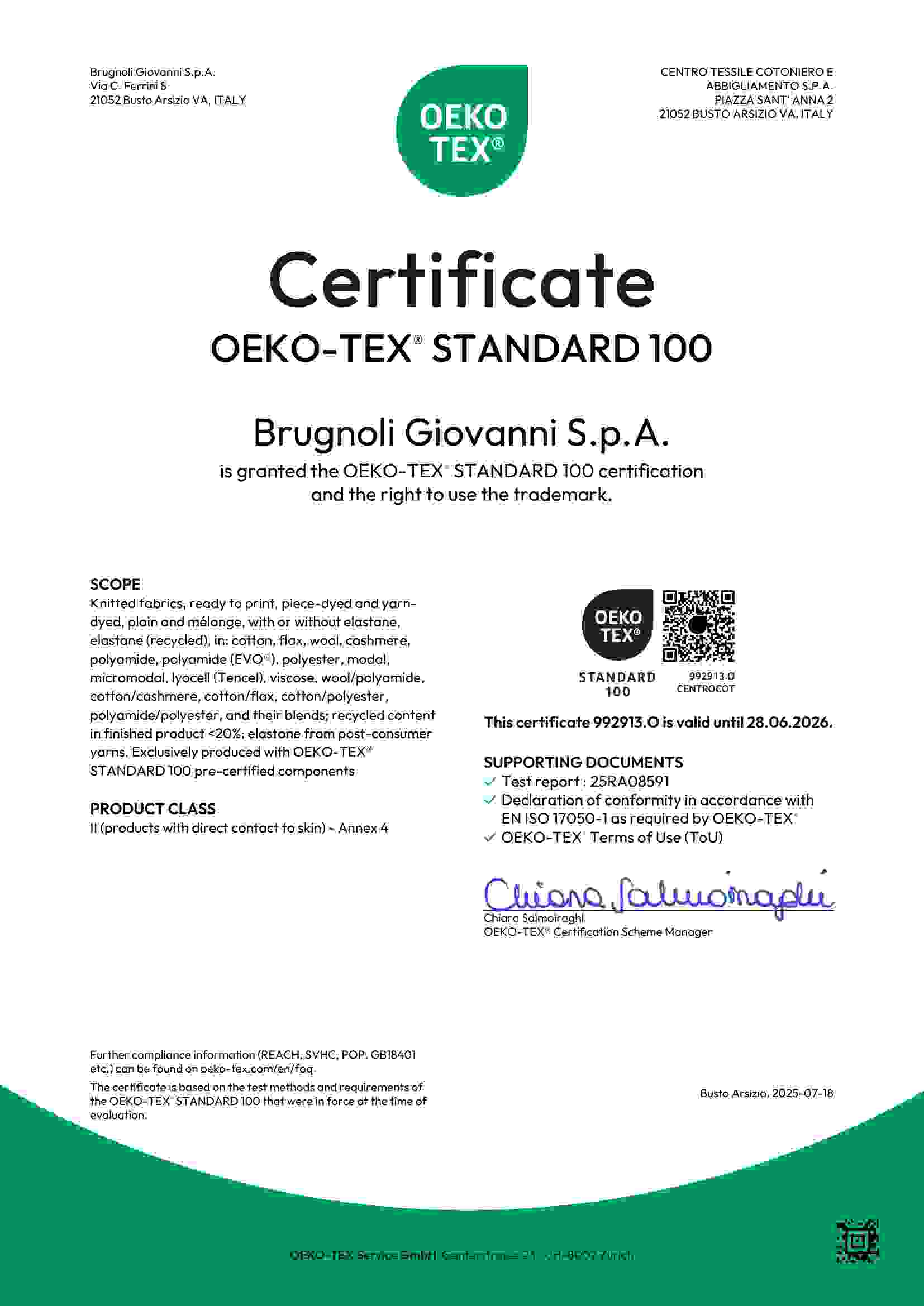 OEKO-TEX Standard 100 Certificate Screenshot for Brugnoli Giovanni S.p.A.