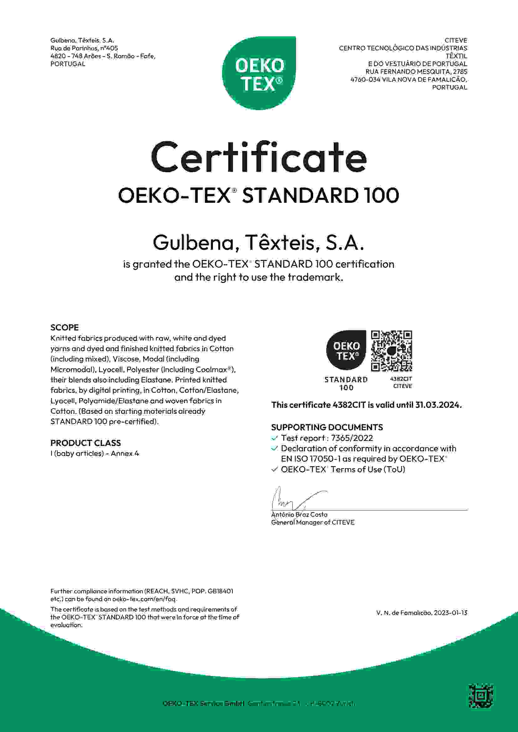 OEKO-TEX Standard 100 Certificate Screenshot for Gulbena, Texteis, S.A.