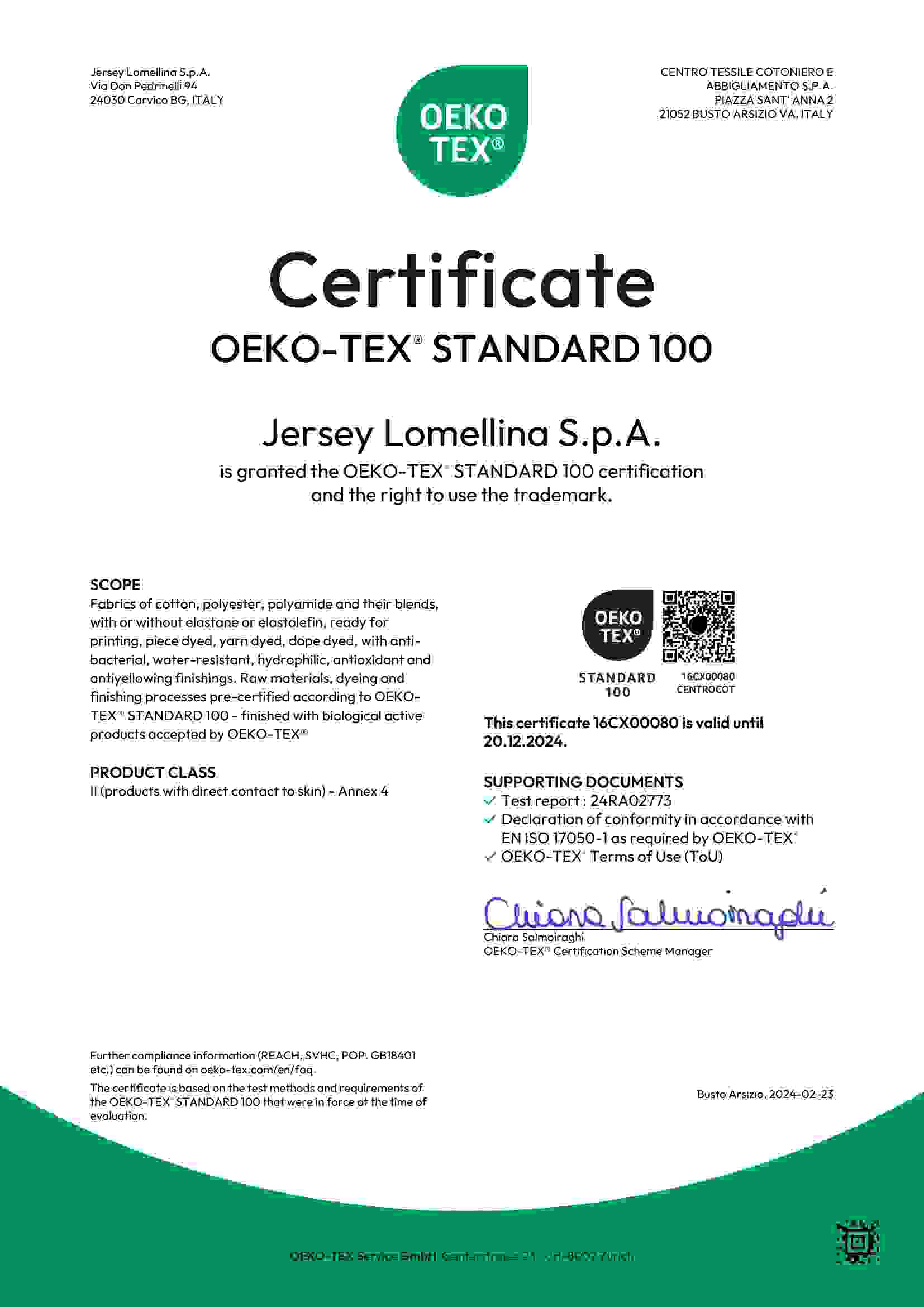 OEKO-TEX Standard 100 Certificate Screenshot for Jersey Lomellina S.p.A.